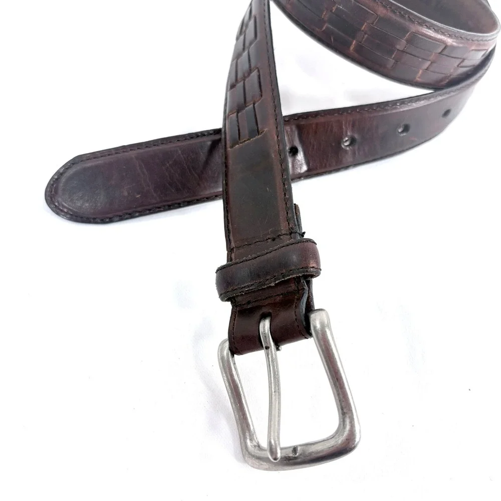 Belt Brown Oil Tanned Cowhide Basketweave Leather Men Sz 32 Western Rodeo